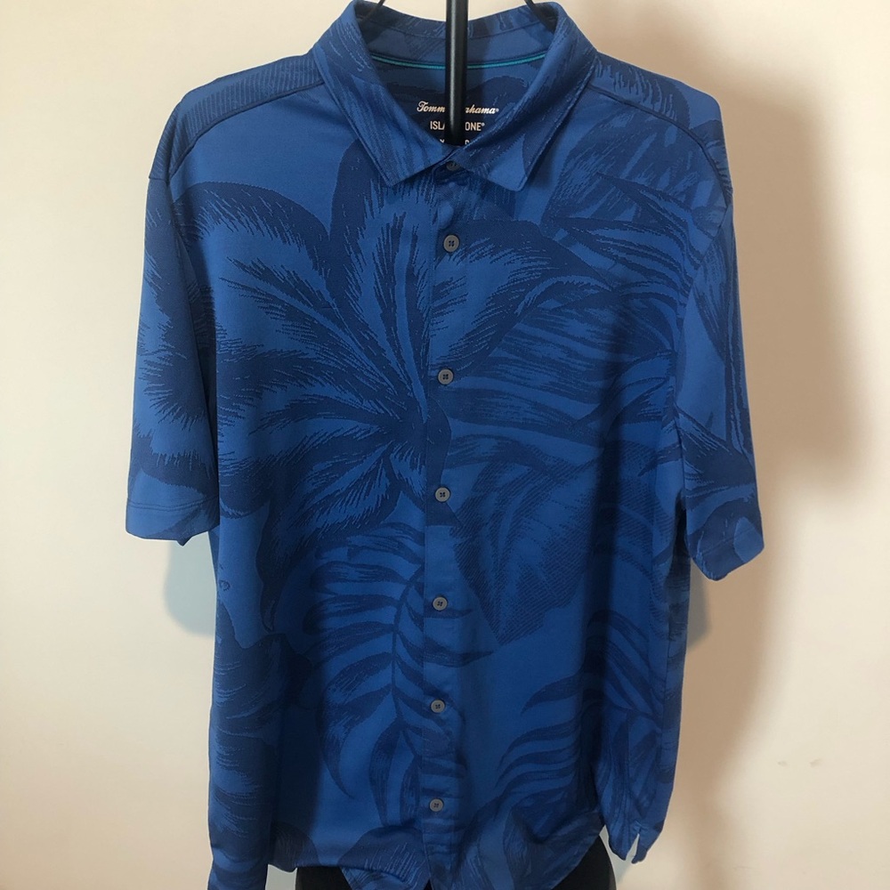 Tommy Bahama Deep Blue Palm-Print Short Sleeve Button-Down Shirt